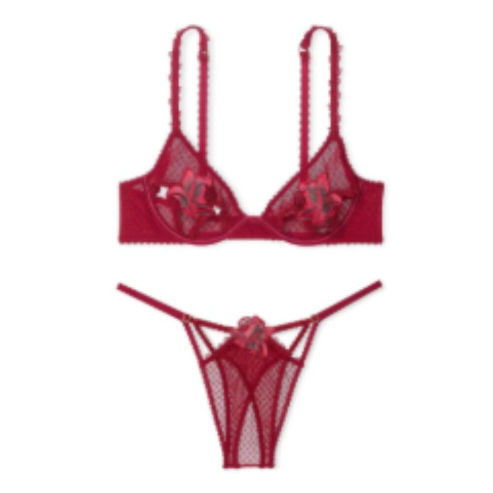 Victoria's Secret Very Sexy Red Rose Embroidery Open-Cup Bra XS Panty XS Set